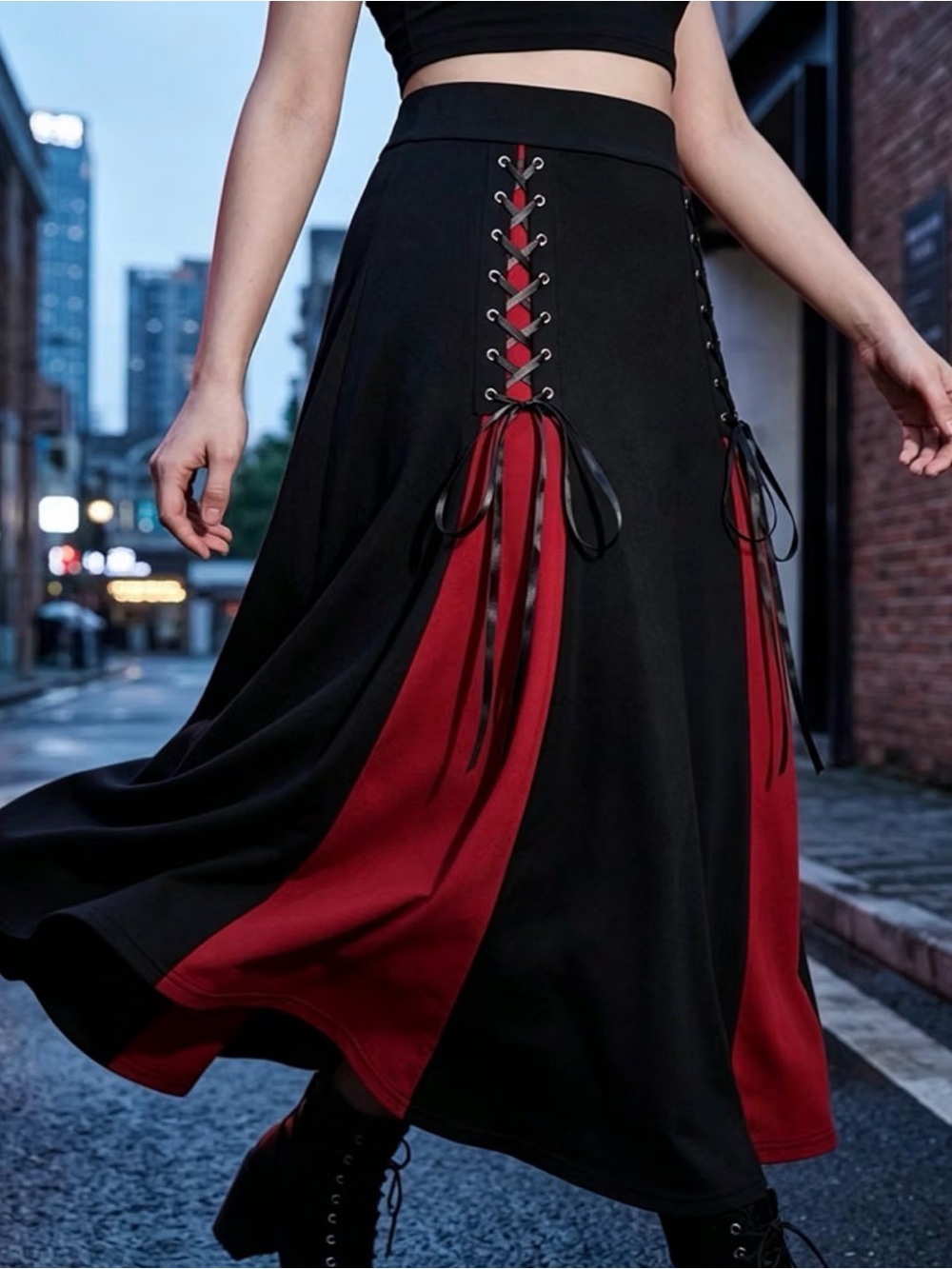 Black and Red Gothic Lace-Up Flared Skirt Halloween Size Small